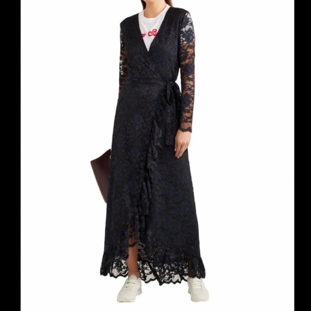 GANNI Flynn Lace Navy Blue Ruffle Wrap Tie Maxi 34